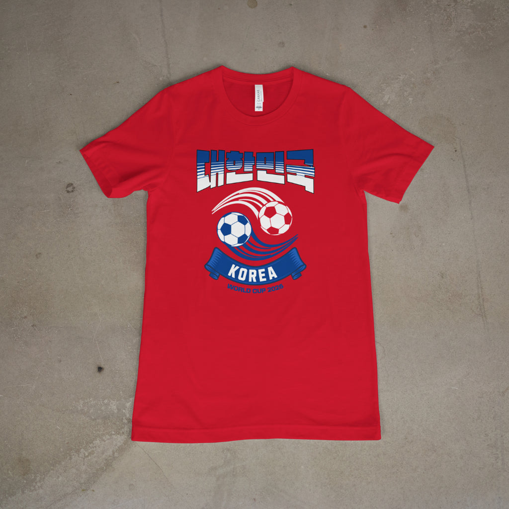Red t-shirt with soccer ball design and 대한민국  text on flat lay