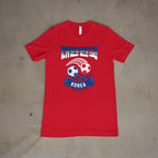 Red t-shirt with soccer ball design and 대한민국  text on flat lay