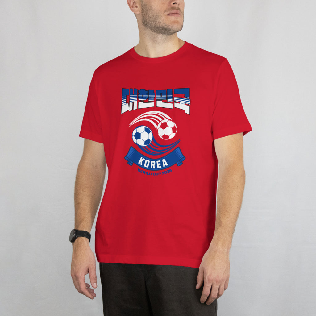 Red t-shirt with soccer design and Republic of Korea text by a person on a plain background