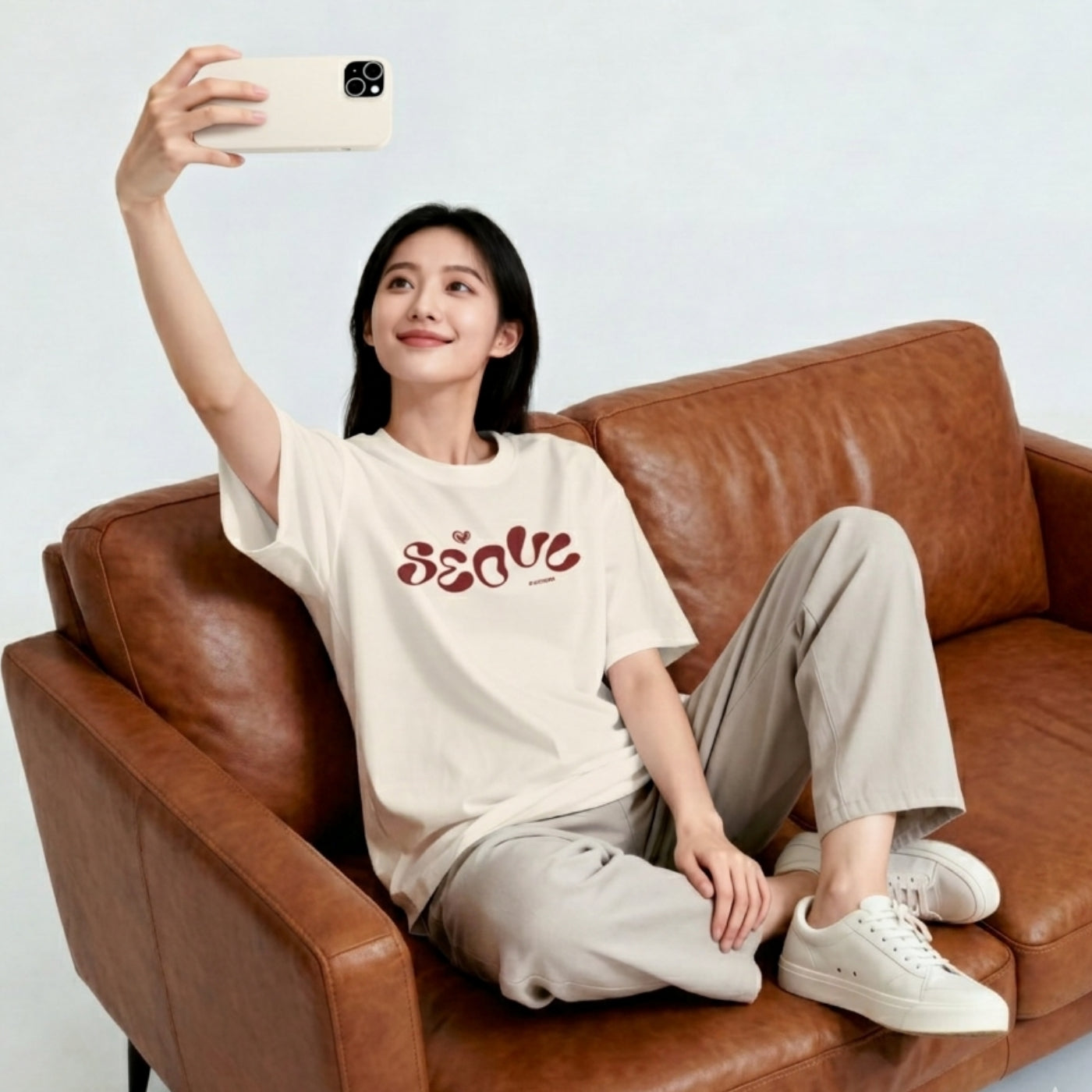 Model sitting on a brown leather couch taking a selfie, wearing an off-white t-shirt with a maroon bubble-letter "Seoul" graphic