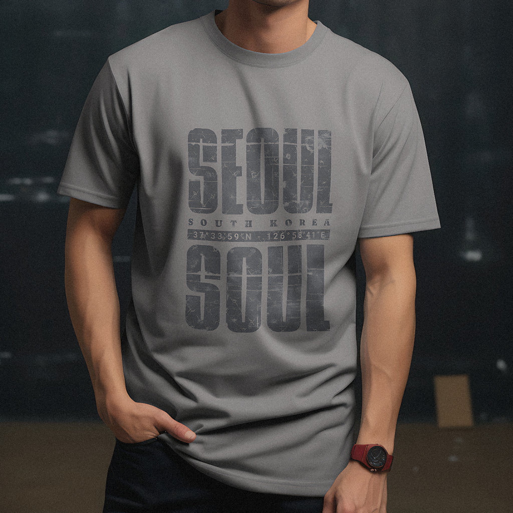 Model wearing a gray t-shirt with a distressed dark gray "SEOUL SOUL" graphic and South Korea coordinates against a dark studio background