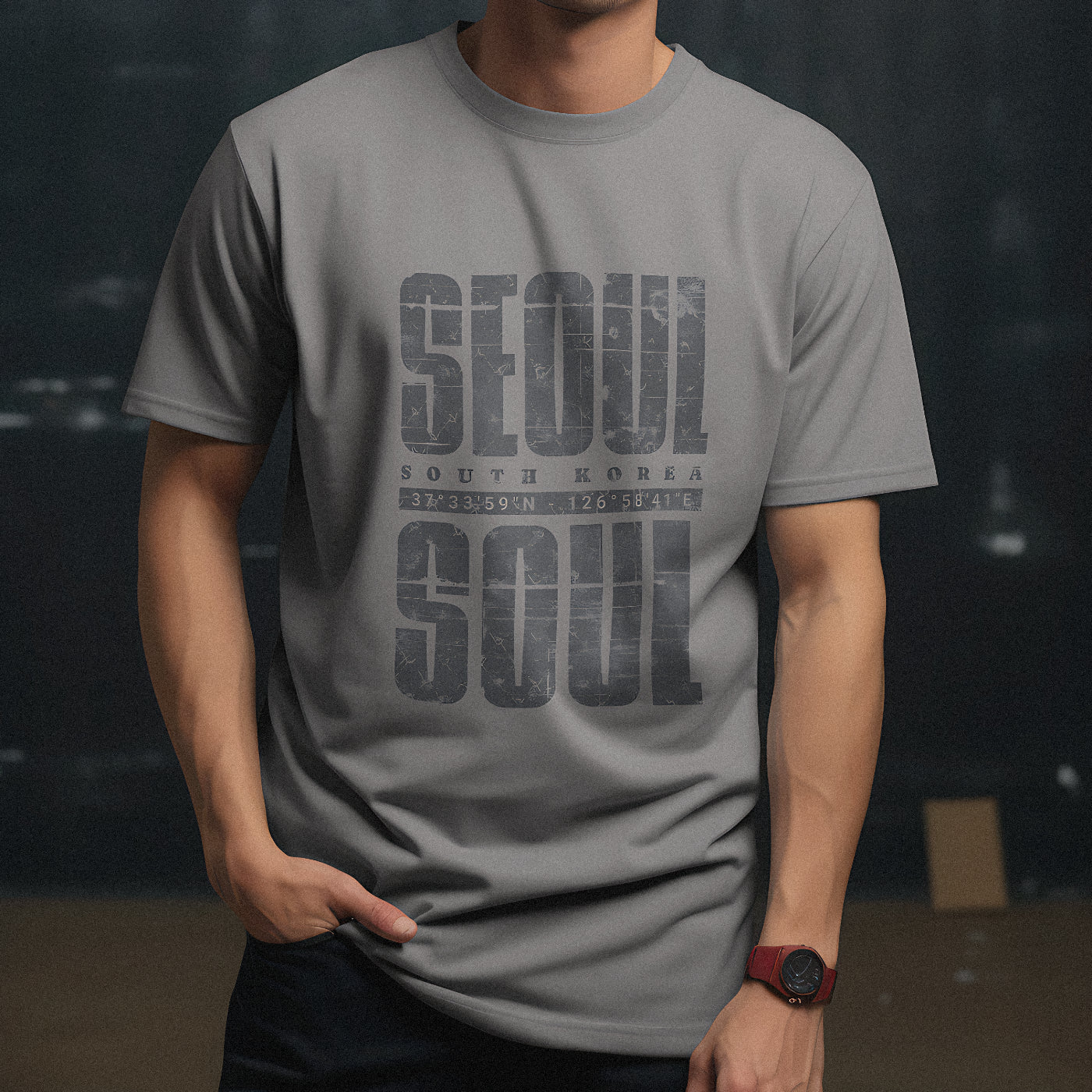Model wearing a gray t-shirt with a distressed dark gray "SEOUL SOUL" graphic and South Korea coordinates against a dark studio background