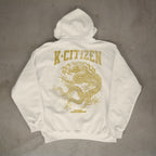 White hoodie with gold 'K-Citizen' logo and dragon design on a gray background