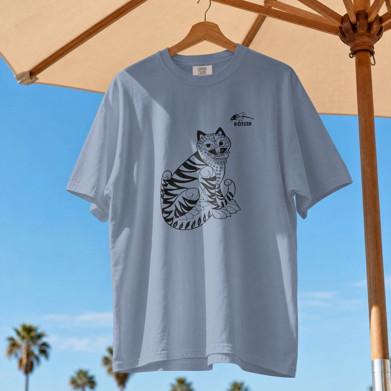 Tiger & Magpie Tee – Korean Folk Art (Dusty Blue)