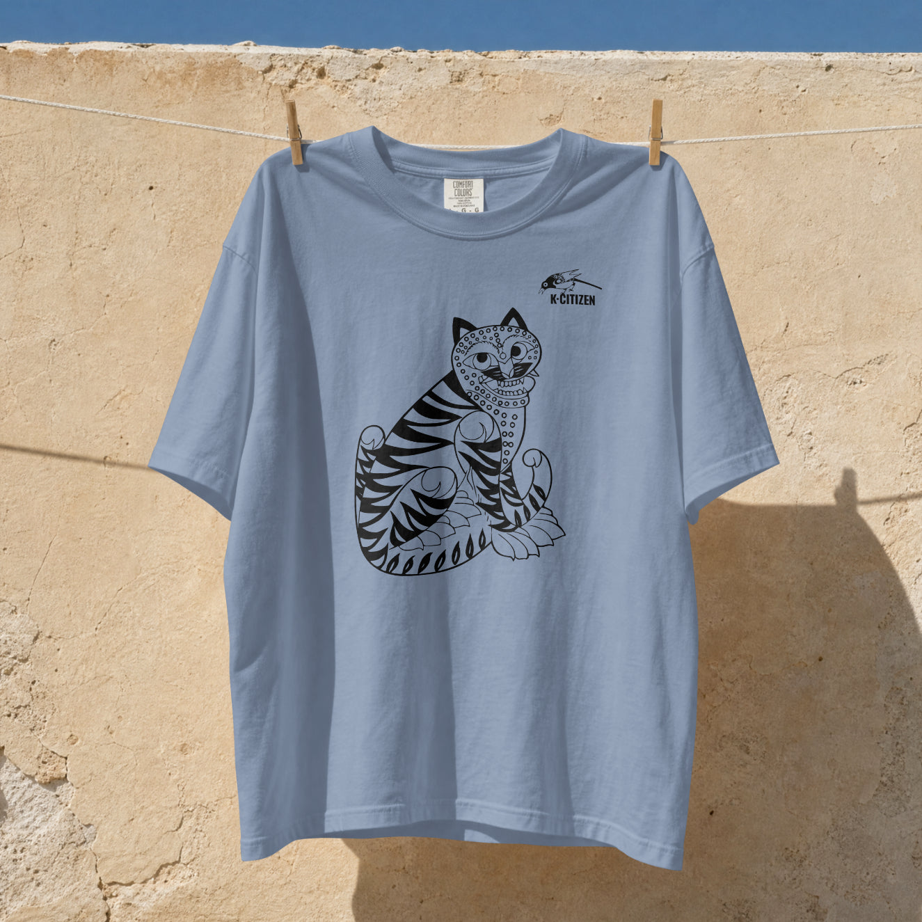 Tiger & Magpie Tee – Korean Folk Art (Dusty Blue)