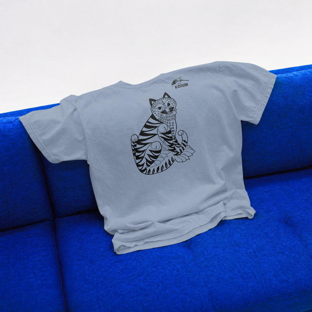 Tiger & Magpie Tee – Korean Folk Art (Dusty Blue)
