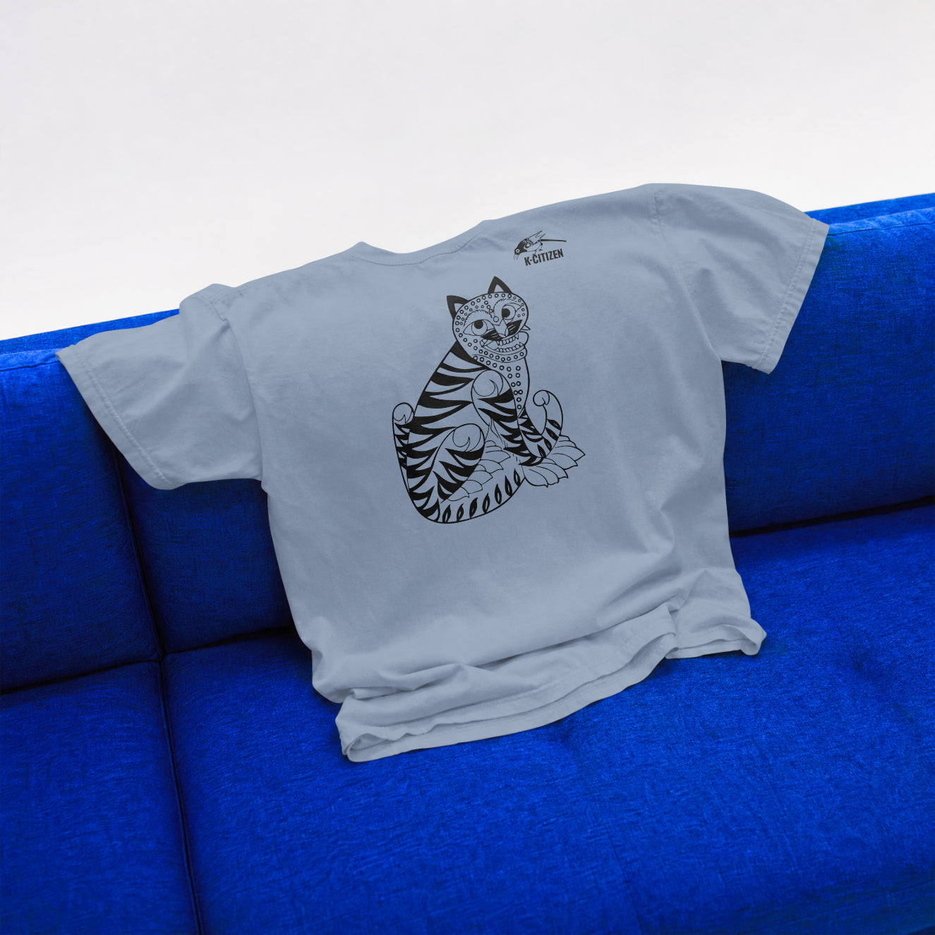 Tiger & Magpie Tee – Korean Folk Art (Dusty Blue)
