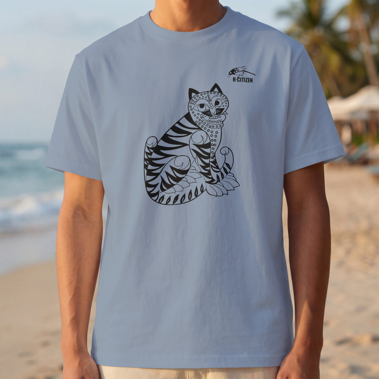 Tiger & Magpie Tee – Korean Folk Art (Dusty Blue)