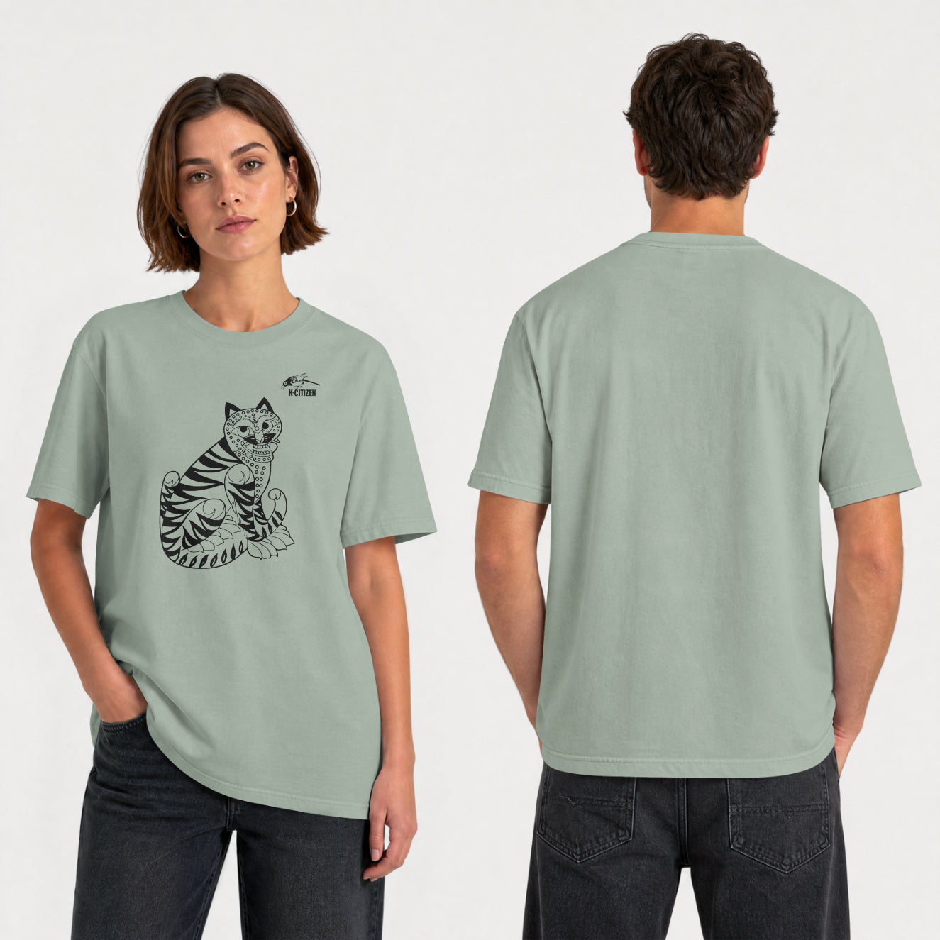 Tiger & Magpie Tee – Korean Folk Art (Bay Green)