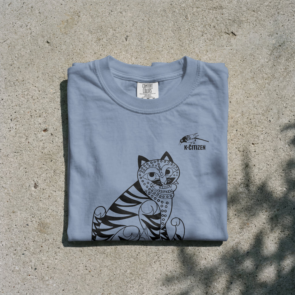 Tiger & Magpie Tee – Korean Folk Art (Dusty Blue)