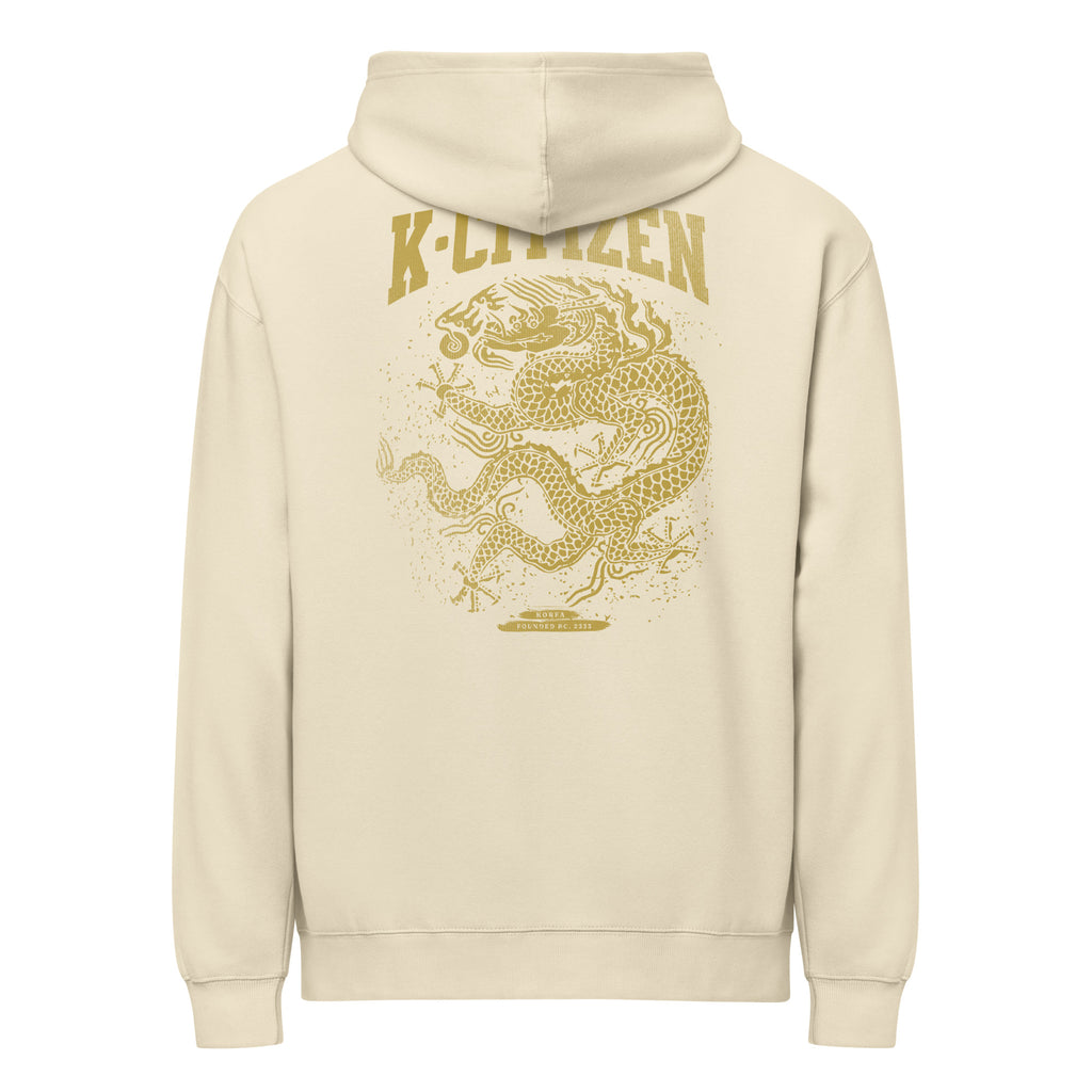 cream color hoodie with korean dragon print in mustard gold color