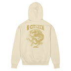 back view of a cream color hoodie with korean dragon print in mustard gold color with k-citizen letters
