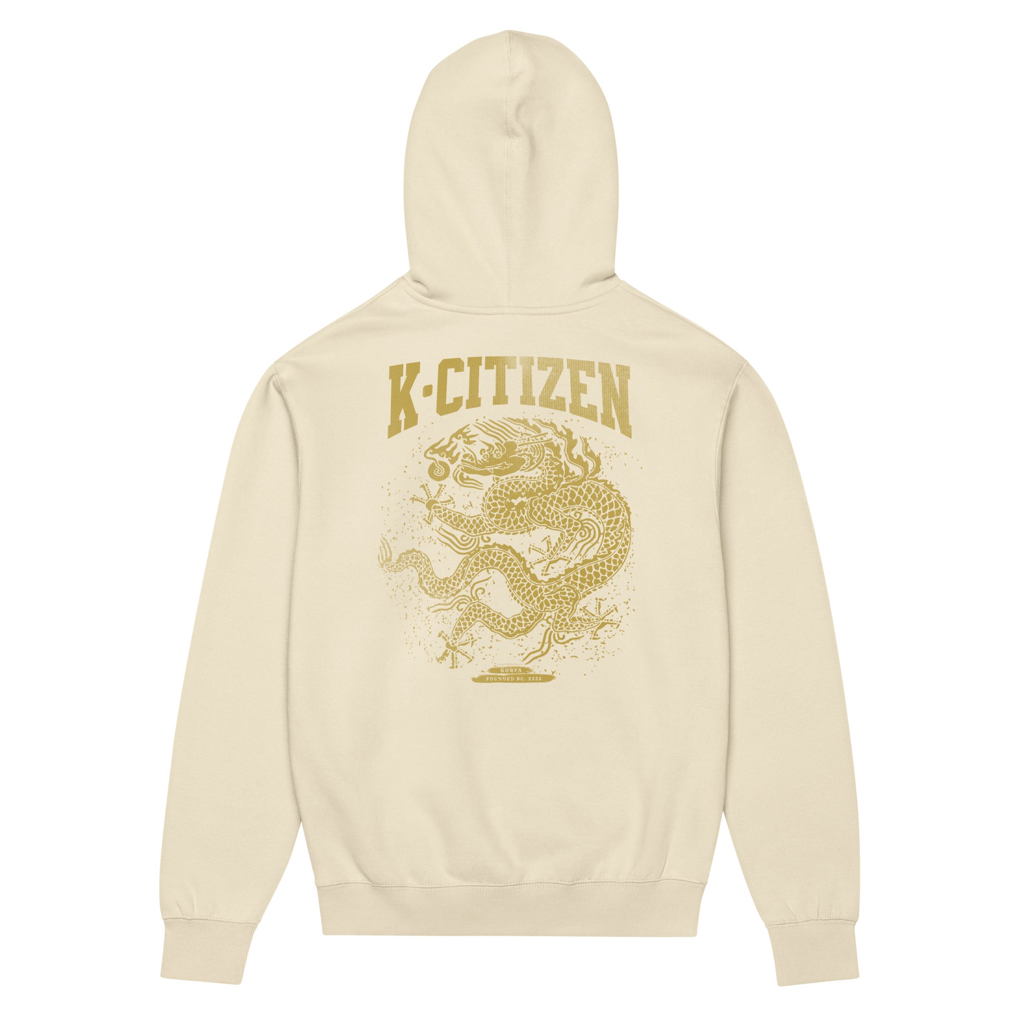 back view of a cream color hoodie with korean dragon print in mustard gold color with k-citizen letters