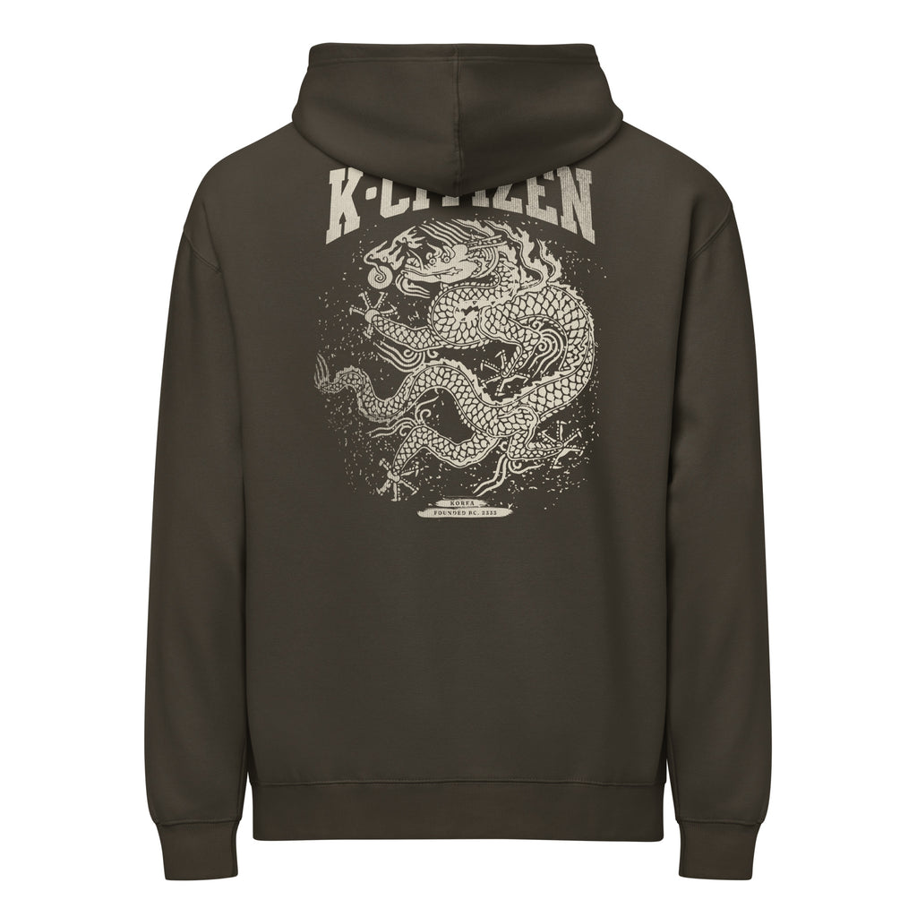 back view of a black color hoodie with korean dragon print and k-citizen letters