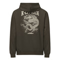back view of a black color hoodie with korean dragon print and k-citizen letters