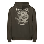 back view of a black color hoodie with korean dragon print and k-citizen letters