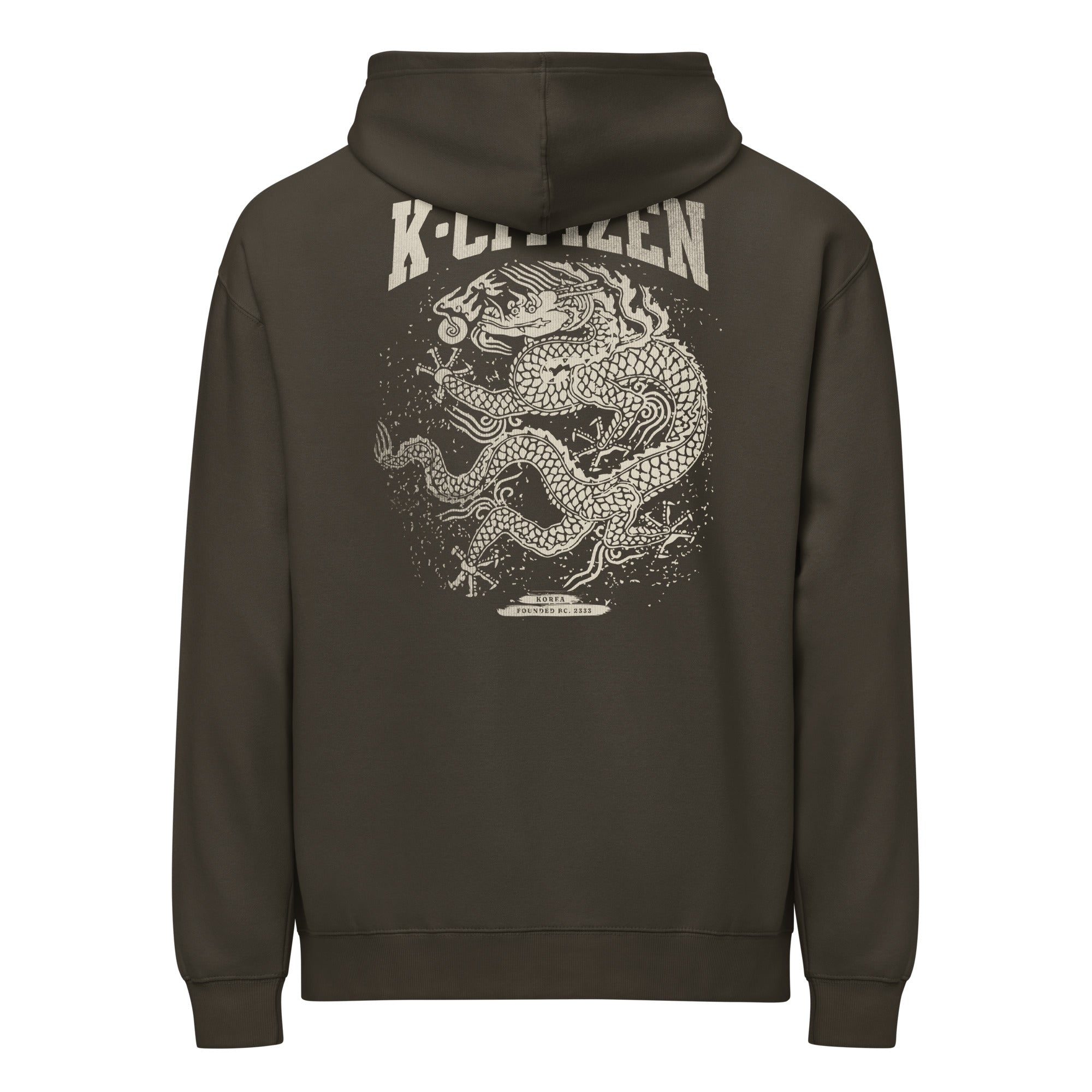 back view of a black color hoodie with korean dragon print and k-citizen letters