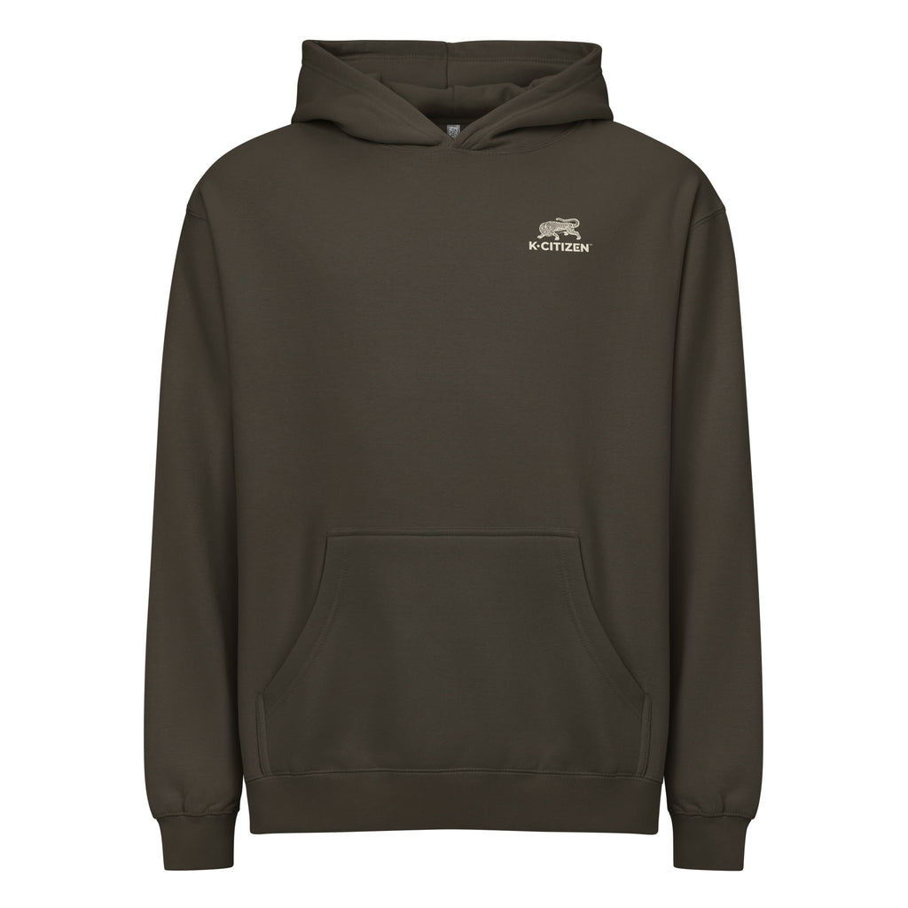 front view of a black color hoodie with korean minwha tiger print and k-citizen letters