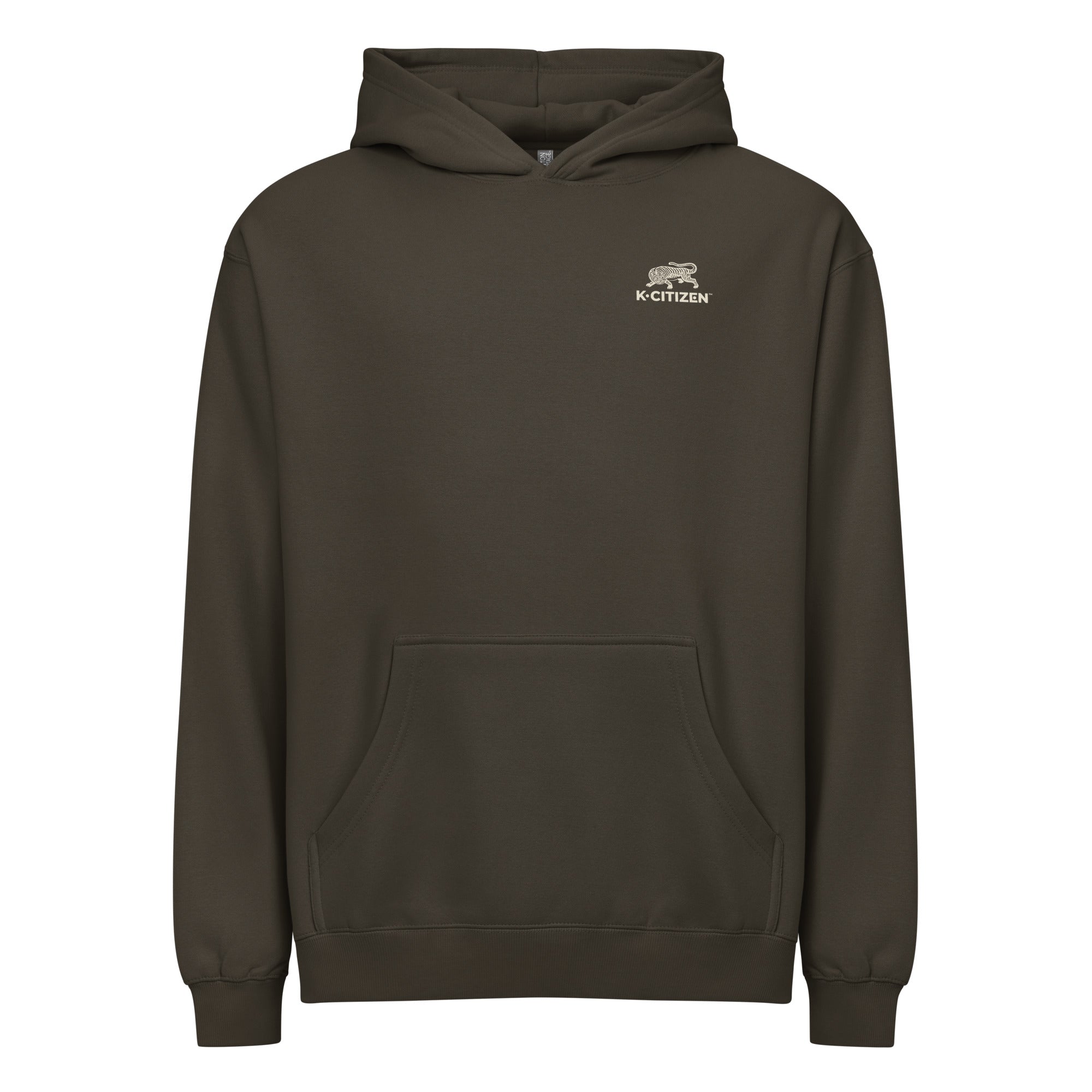 front view of a black color hoodie with korean minwha tiger print and k-citizen letters