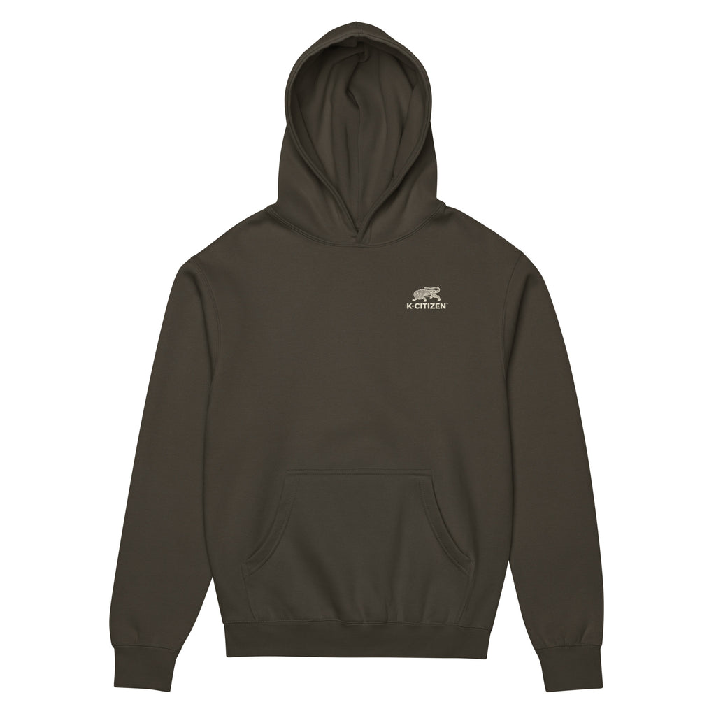 front view of a black color hoodie with korean minwha tiger print and k-citizen letters