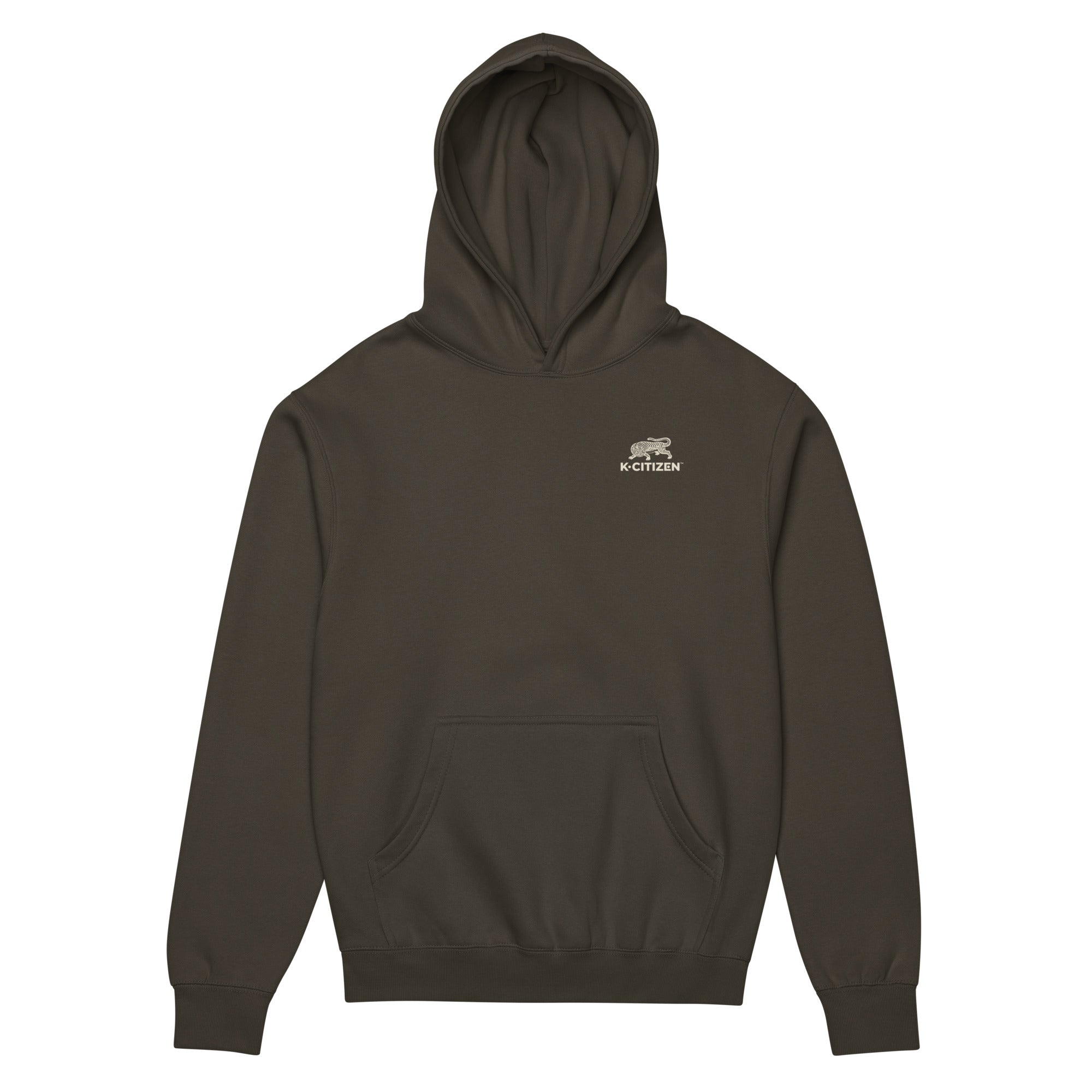 front view of a black color hoodie with korean minwha tiger print and k-citizen letters