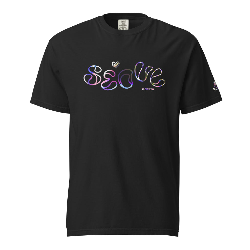 Close-up lifestyle shot of a woman in a black K-citizen t-shirt featuring a colorful holographic-style retro Seoul graphic