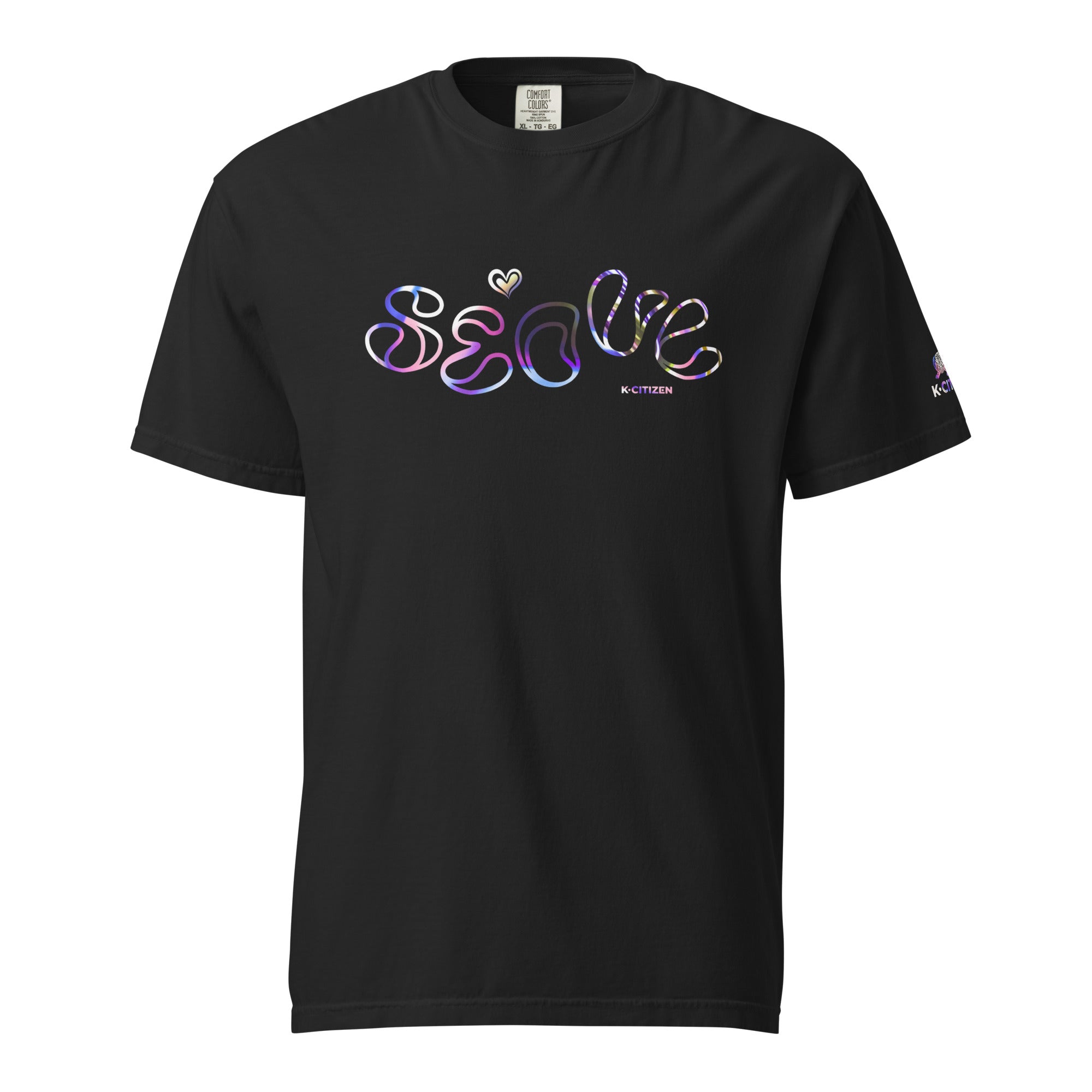 Close-up lifestyle shot of a woman in a black K-citizen t-shirt featuring a colorful holographic-style retro Seoul graphic