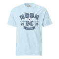a light blue t-shirt with a vintage collegiate "대한민국" (Daehanminguk) Hangul graphic