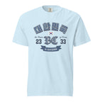 a light blue t-shirt with a vintage collegiate "대한민국" (Daehanminguk) Hangul graphic
