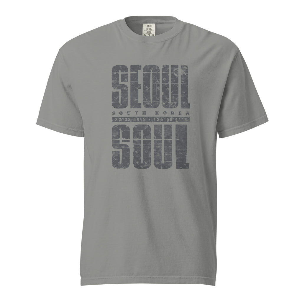 Gray t-shirt with 'Seoul South Korea' text on a white background