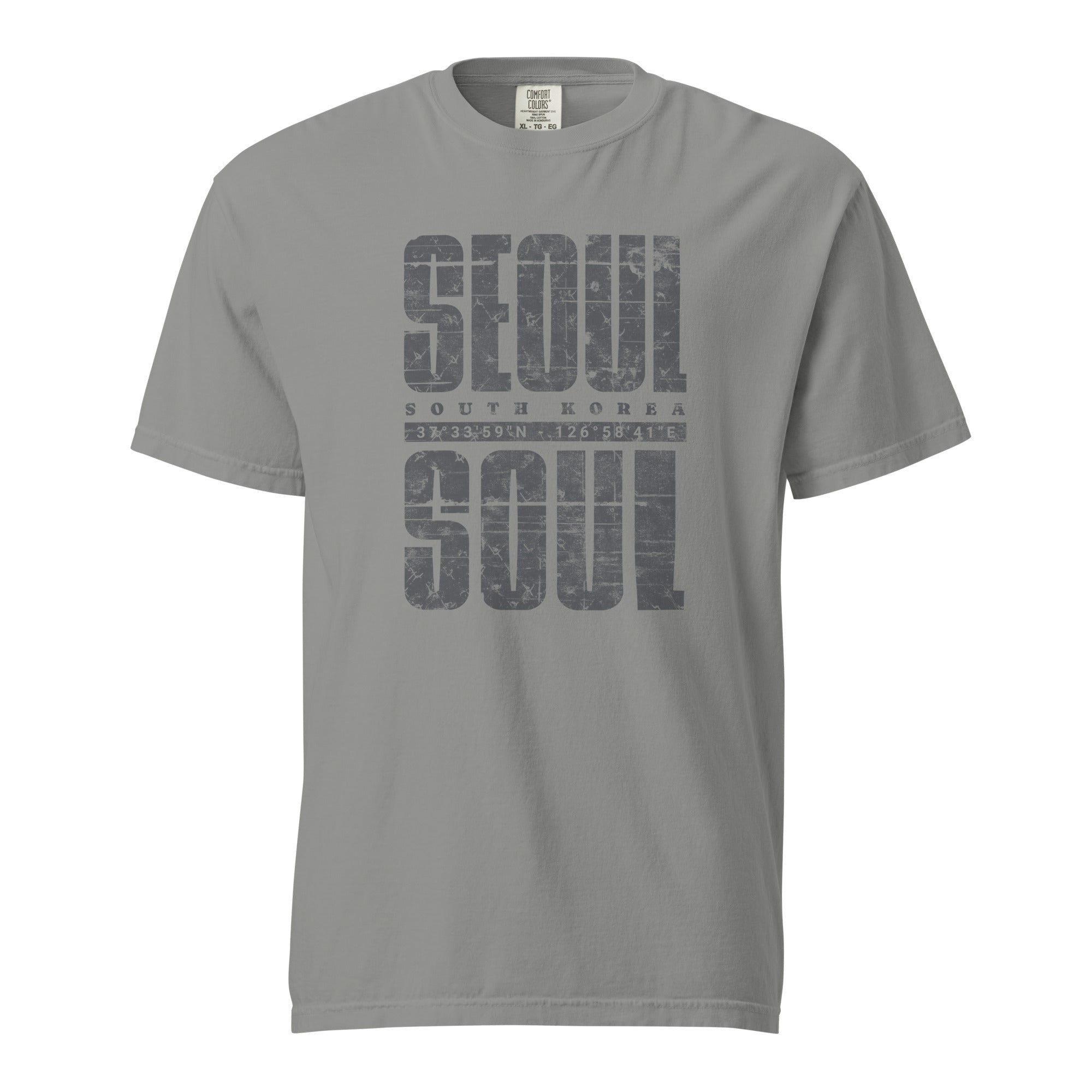 Gray t-shirt with 'Seoul South Korea' text on a white background