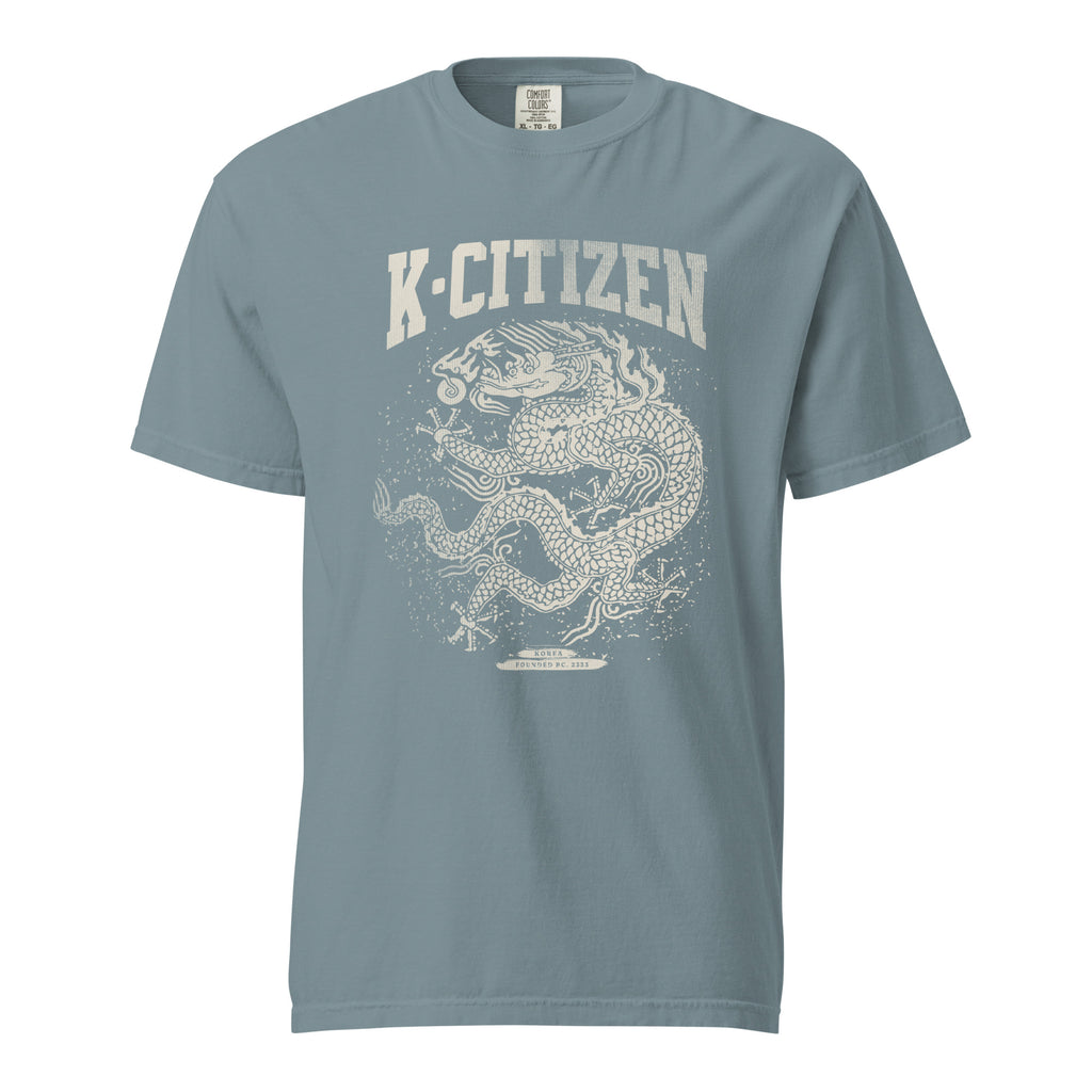 front view of a blue t-shirt with korean dragon print and k-citizen letters