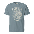 front view of a blue t-shirt with korean dragon print and k-citizen letters