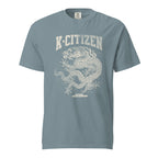 front view of a blue t-shirt with korean dragon print and k-citizen letters