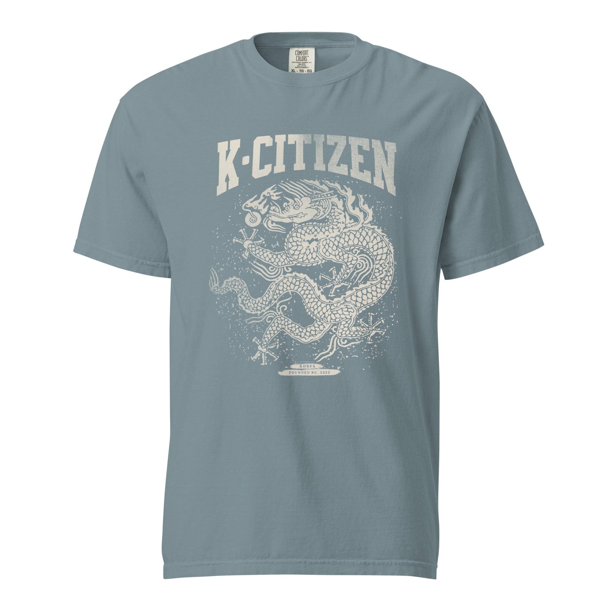 front view of a blue t-shirt with korean dragon print and k-citizen letters