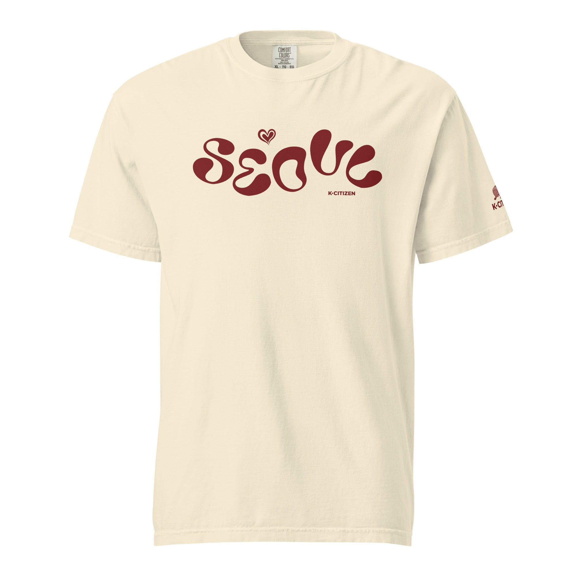 ivory t-shirt with a maroon retro style "Seoul" typo graphic 