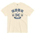 a shirt displays the Korean text "대한민국" (Republic of Korea) in a distressed blue font, a small South Korean flag, and "the Dawn of Korea 23 BC 33"