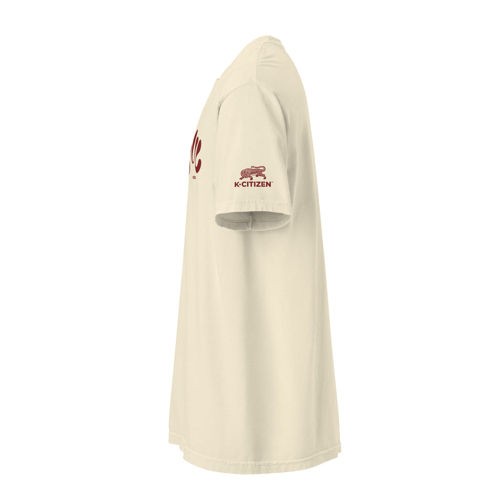 ivory t-shirt with a maroon korean tiger logo on arm