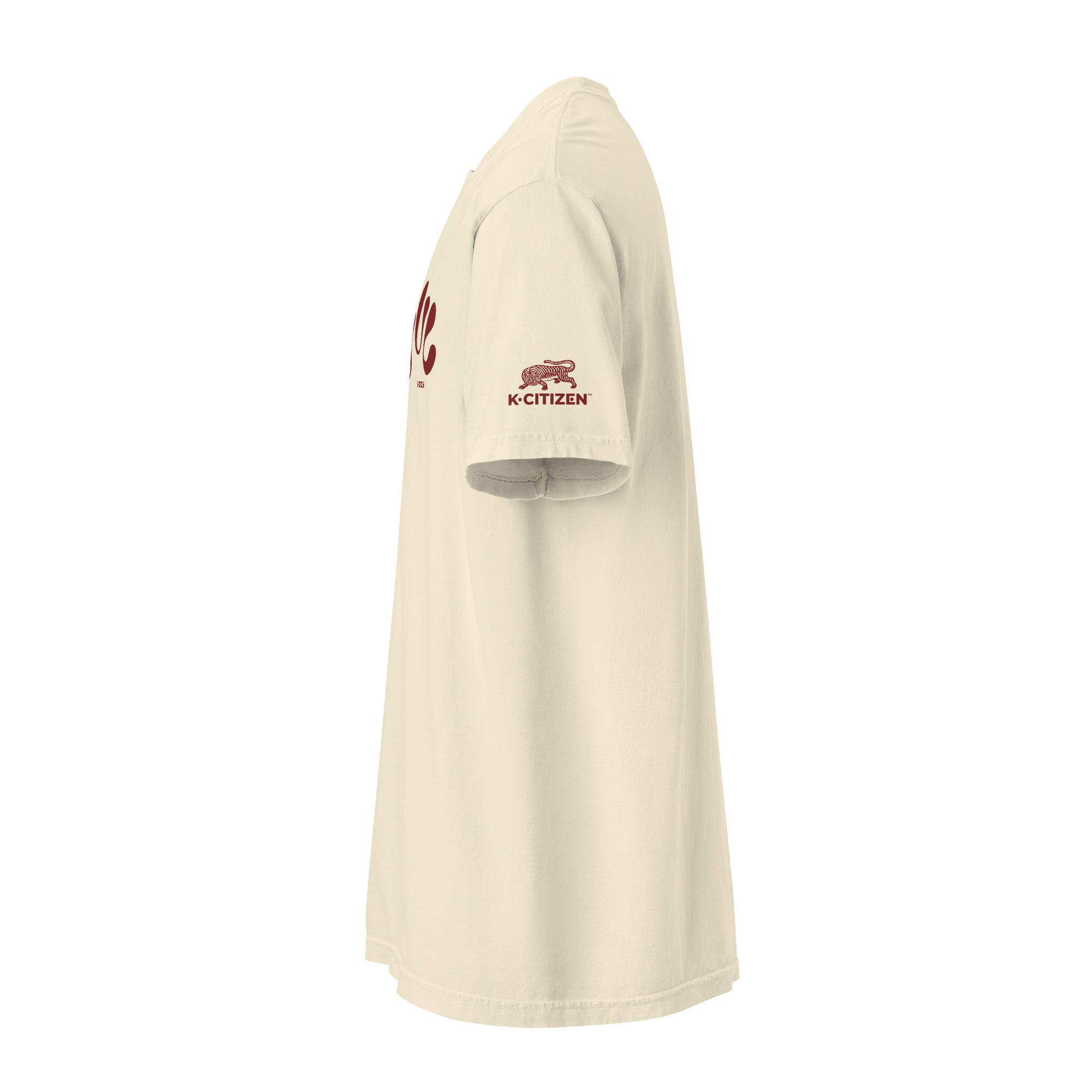 ivory t-shirt with a maroon korean tiger logo on arm