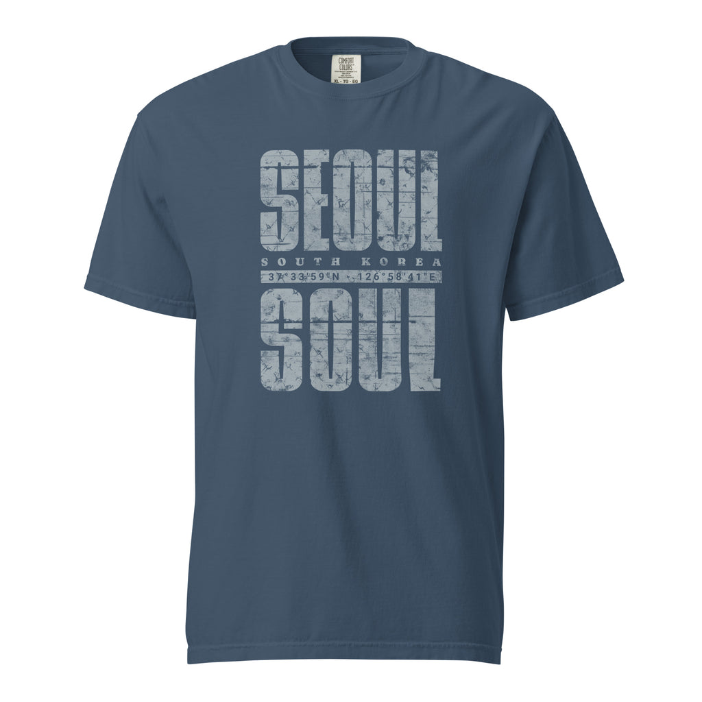 Blue t-shirt featuring a distressed white "SEOUL SOUL" graphic with South Korea geographic coordinates