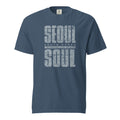 Blue t-shirt featuring a distressed white "SEOUL SOUL" graphic with South Korea geographic coordinates