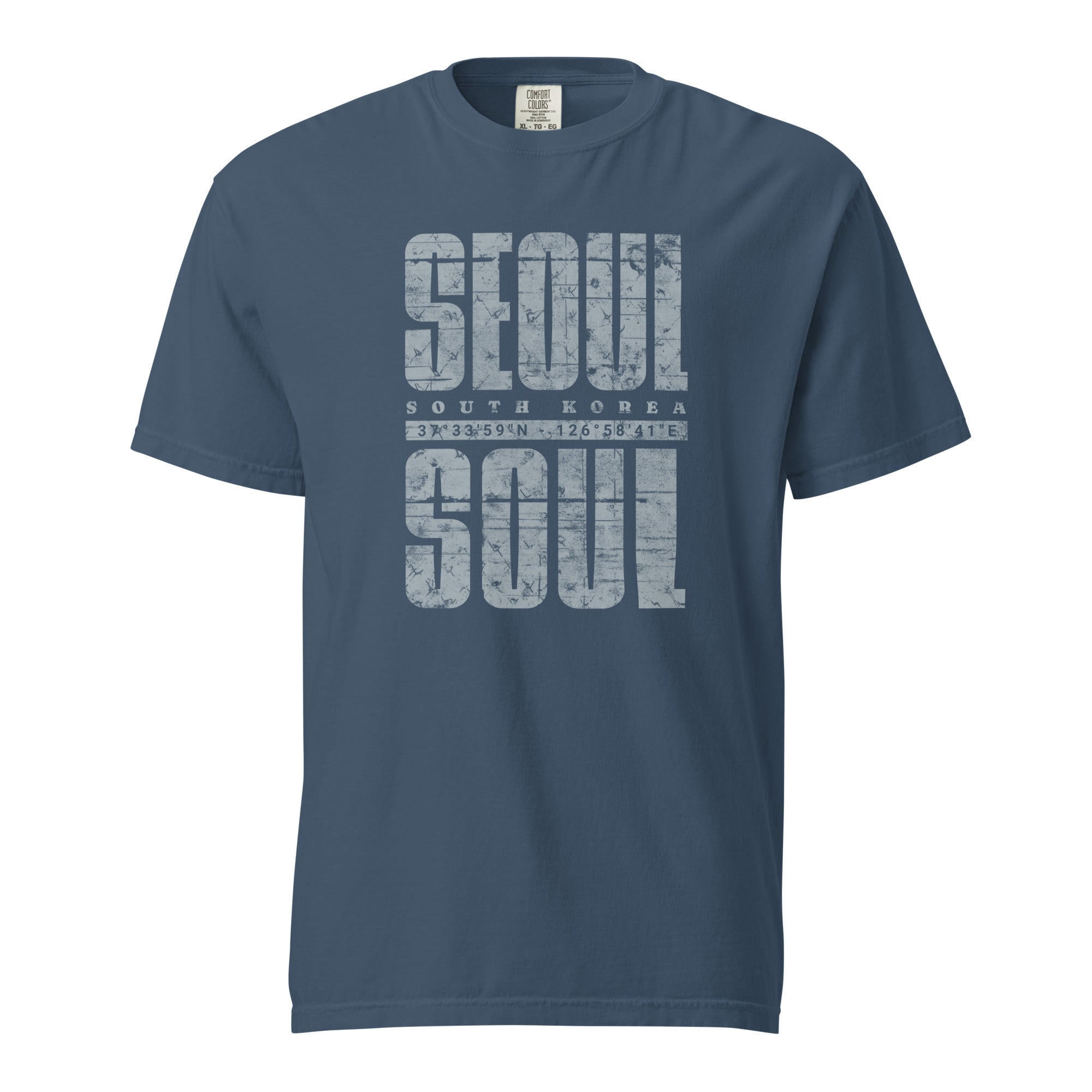 Blue t-shirt featuring a distressed white "SEOUL SOUL" graphic with South Korea geographic coordinates