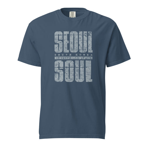 Blue t-shirt featuring a distressed white "SEOUL SOUL" graphic with South Korea geographic coordinates