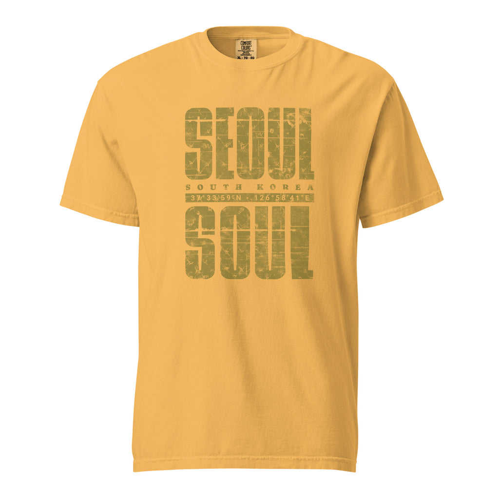 Yellow t-shirt featuring a distressed  "SEOUL SOUL" graphic with South Korea geographic coordinates