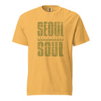 Yellow t-shirt featuring a distressed  "SEOUL SOUL" graphic with South Korea geographic coordinates