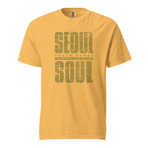 Yellow t-shirt featuring a distressed  "SEOUL SOUL" graphic with South Korea geographic coordinates