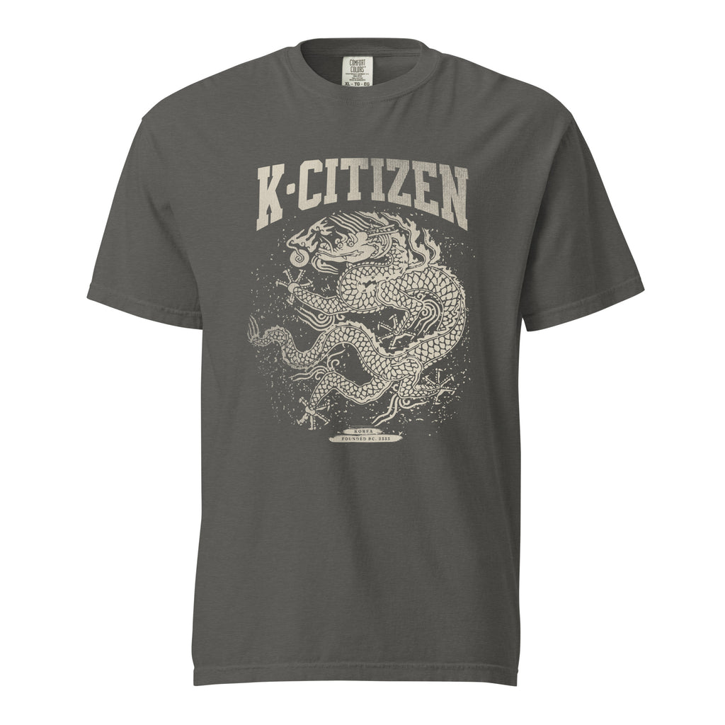 a gray t-shirt with a korean dragon graphic and 'K-Citizen' text